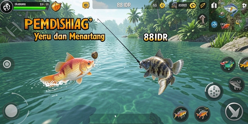 Tampilan gameplay penuh warna dari 88IDR saat menangkap ikan.
