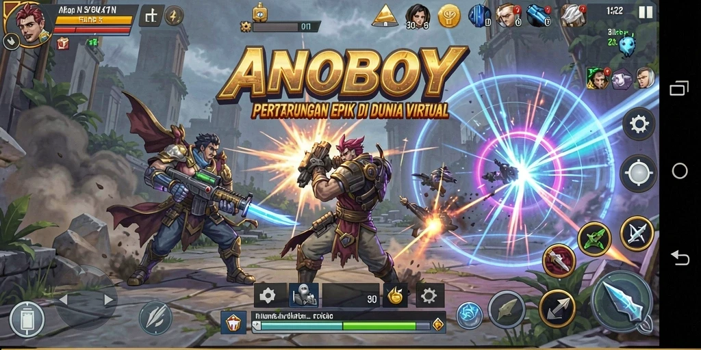 Tampilan pertarungan seru di ANOBOY dengan karakter unik.
