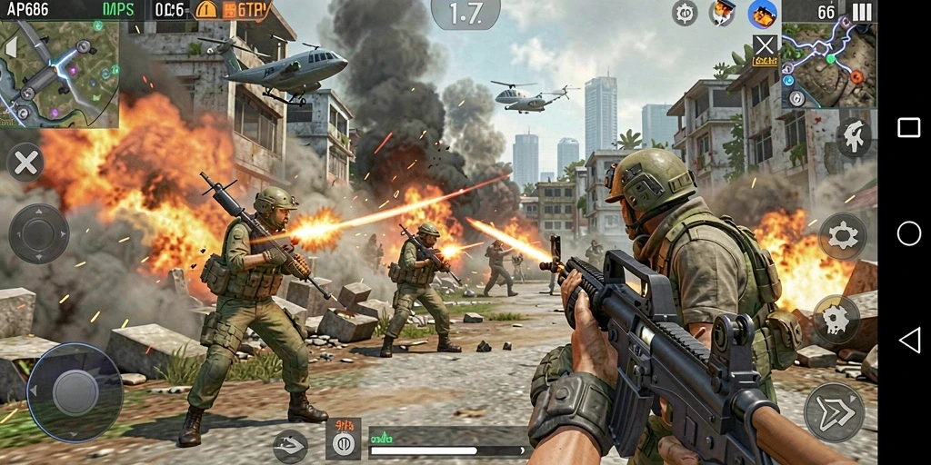 Tangkapan layar gameplay AP686 yang menunjukkan aksi pertempuran intens.