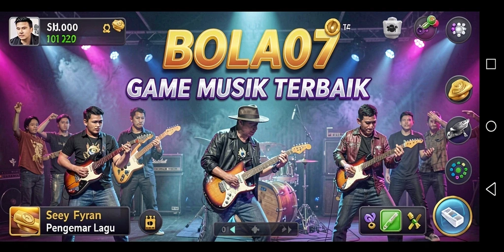 Tampilan gameplay BOLA07 dengan fitur musik yang menarik.