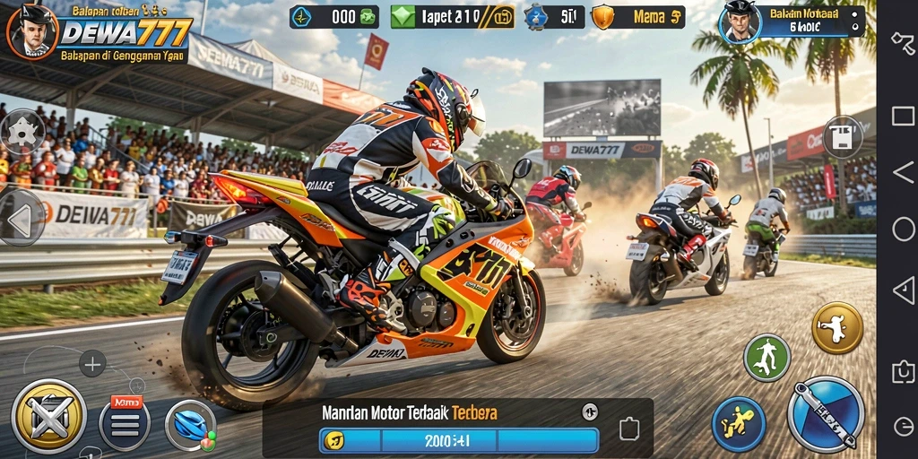 Tampilan gameplay seru dari DEWA777 saat balapan motor di trek.