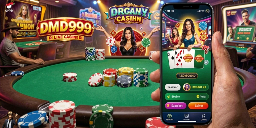 Screenshot DMD999 menampilkan dealer dan pemain dalam suasana Live Casino yang nyata.