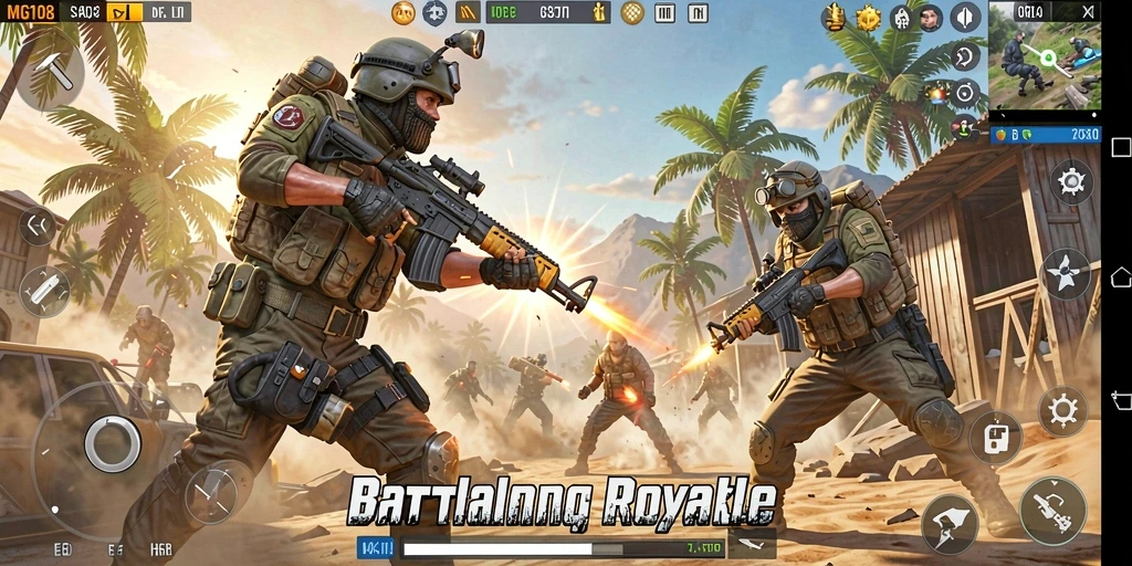 Tampilan gameplay MG108 yang intens dan mendebarkan dalam pertempuran Battle Royale.