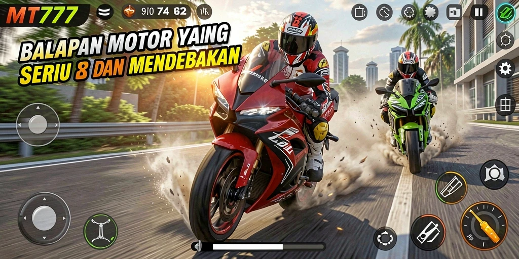 Tampilan gameplay MT777 saat berlomba dengan motor di jalur balapan yang seru.