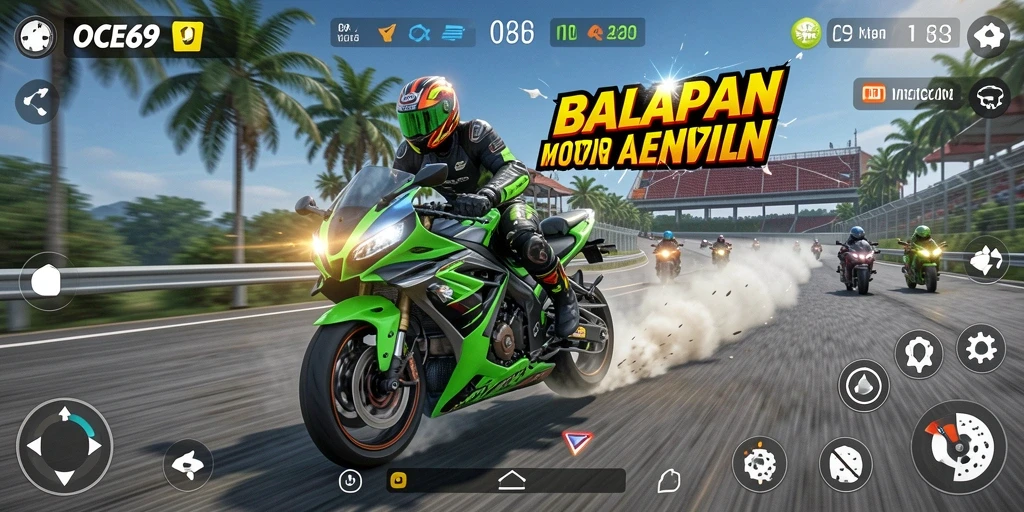 Tampilan gameplay OCE69 dengan balapan motor yang seru.