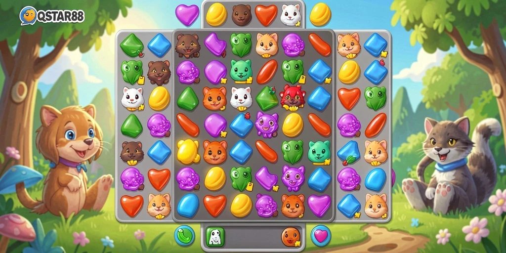Screenshot gameplay <strong>QQSTAR88</strong> dengan simbol berwarna-warni yang sedang dicocokkan.