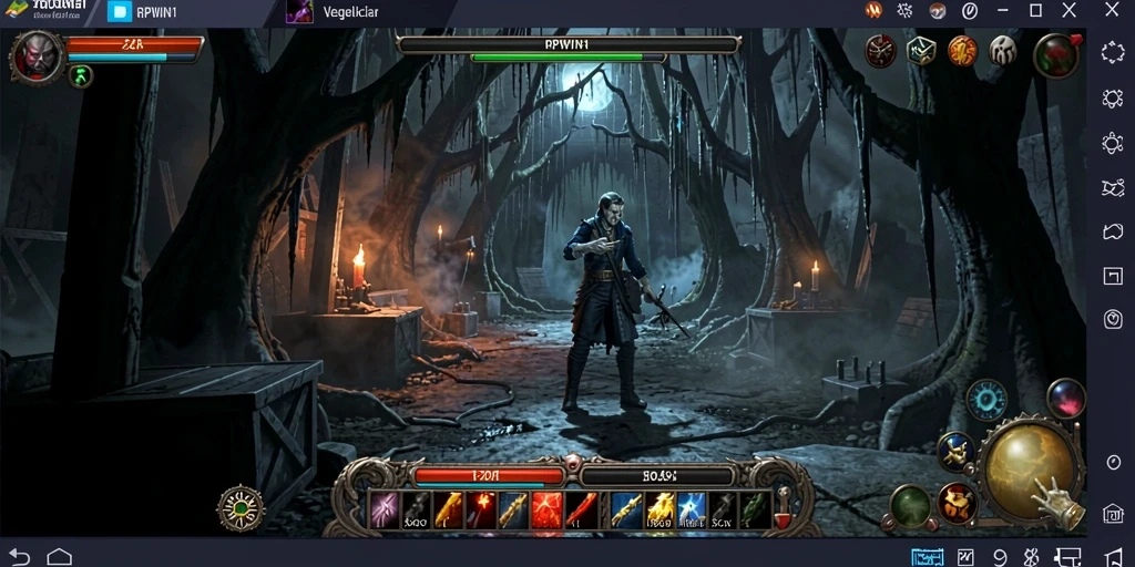 Screenshot gameplay RPWIN1 menampilkan kegelapan menyeramkan yang menunggu eksplorasi.