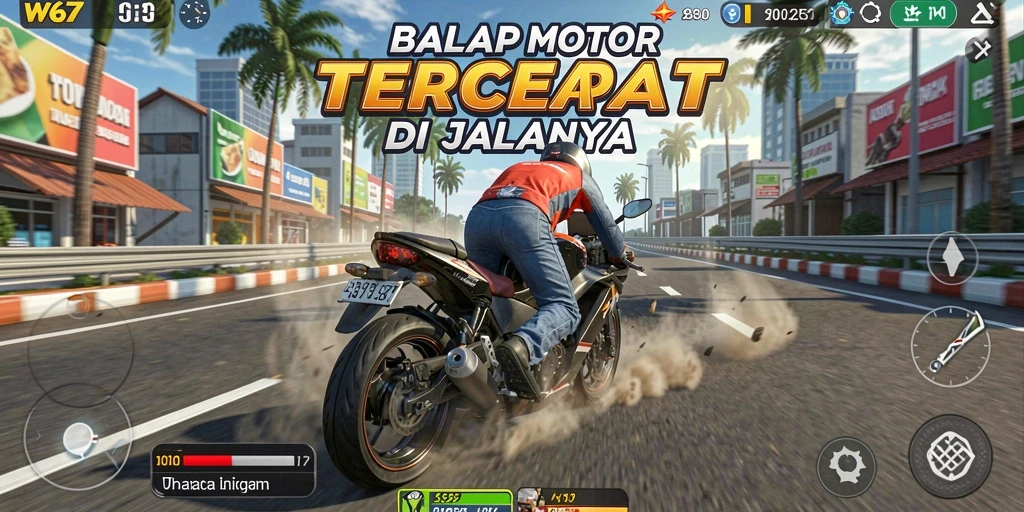 Screenshot menampilkan aksi balap motor yang mendebarkan di W67.